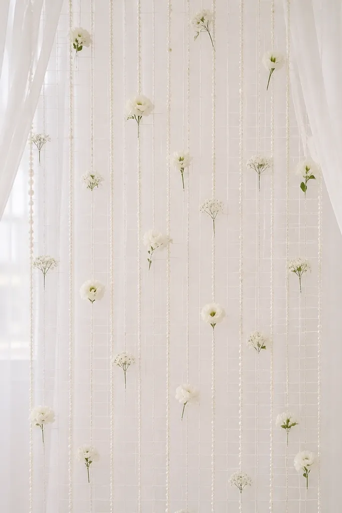 A white net backdrop with pearl bead strands draped vertically in the center, plus small white florals attached at intervals; the sides have sheer curtains.