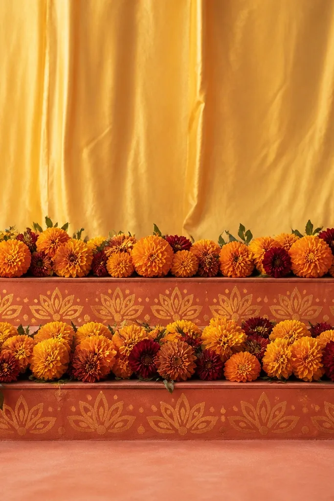 A terraced stage front with two levels of flower steps in terracotta and gold tones, topped with marigold and maroon blooms; the backdrop is a plain golden fabric.