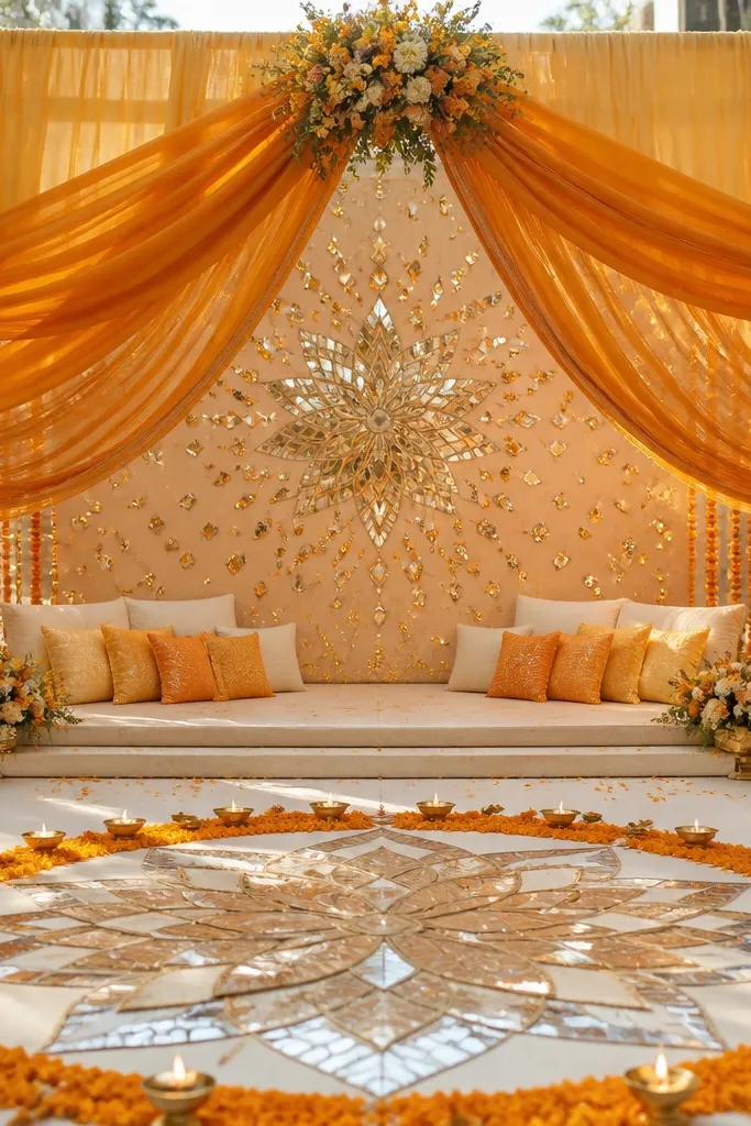 A wedding stage with flowing saffron silk drapes cascading from a central frame, each fold catching warm light. The backdrop has scattered small mirror tiles in a rangoli pattern. In front, a floor design uses clear mirror-glass shards arranged into a lotus rangoli, bordered with marigold petals and brass tea lights.