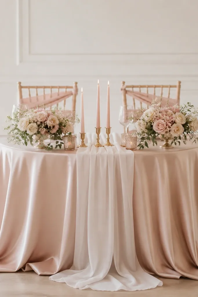 A sweetheart table dressed in a champagne-blush satin tablecloth. A sheer white runner drapes down the center with gentle folds. Two low floral arrangements sit near the middle, and matching blush taper candles are grouped in front. Chair backs have simple blush ribbon ties.
