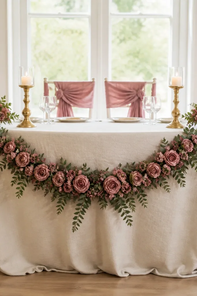 An ivory linen sweetheart table with a centered dusty rose rose garland draped in a gentle wave. Small clusters of matching flowers sit at both ends. The chair backs have dusty rose fabric bows. There are two brass candle holders with LED candles between the floral clusters.