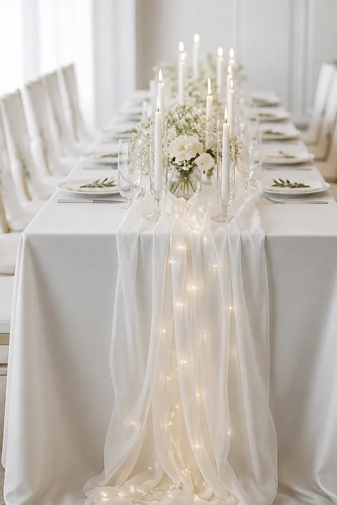 A white table setup with a white satin base and cascading chiffon strips down the center. Micro fairy lights are woven subtly through the chiffon. White taper candles sit in clear acrylic holders. The chairs have white fabric wraps with minimal greenery accents.
