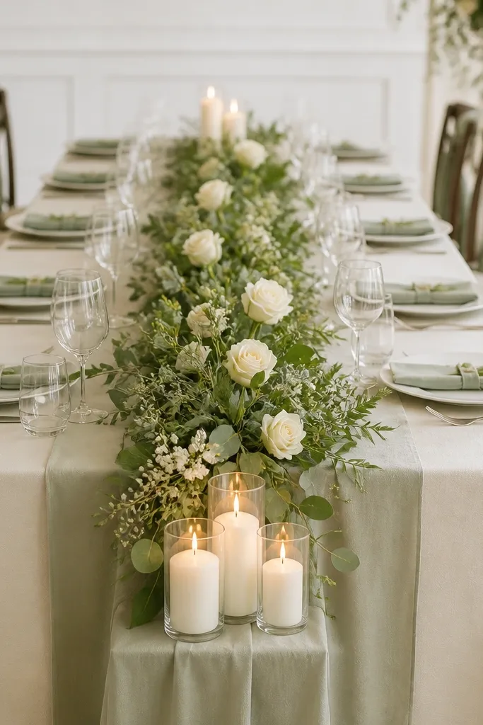 A cream tablecloth with a sage green runner. A greenery garland runs down the center with cream roses and small white flowers tucked in. Two low candle clusters sit near the ends. Chair backs have sage ribbon ties.