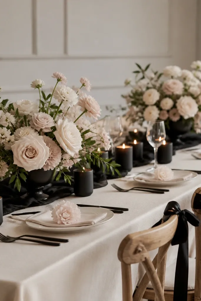 An ivory tablecloth with black matte candle cups. Ivory and pale blush flowers sit in two low arrangements. A black satin ribbon wraps the center line. Chair backs have black ribbon bows.