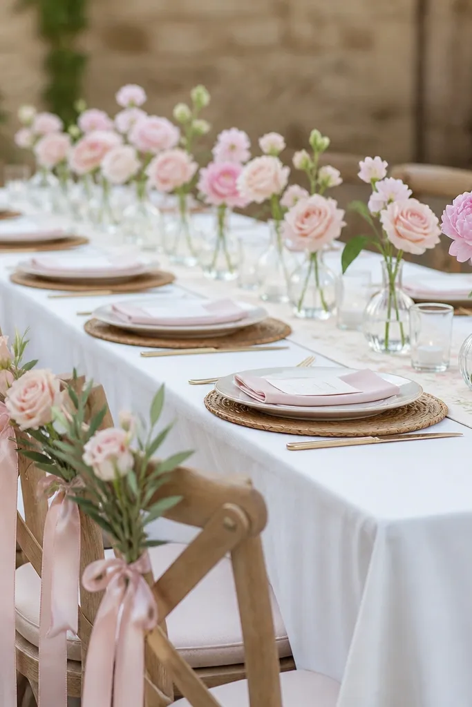 A white tablecloth with a floral runner down the center. Small bud vases line up in a row, each with a single flower. Flowers are in soft pink and blush tones. Chair backs have matching floral sprigs tucked into ribbon.