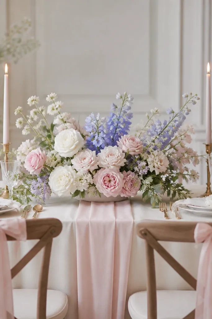 A cream tablecloth with a soft blush runner. The centerpiece is a low arrangement with mostly white and blush flowers, plus a clear pop of lilac or periwinkle flowers in the center. Two tall taper candles flank the center. Chair backs have blush ribbon ties.
