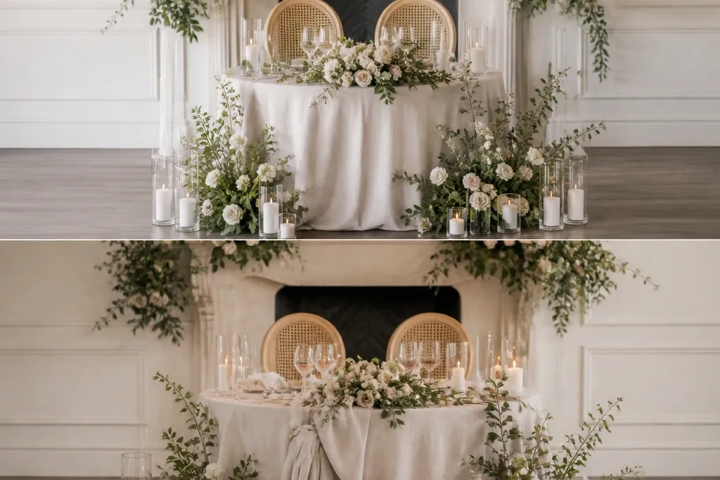 Sweetheart table setup before and after