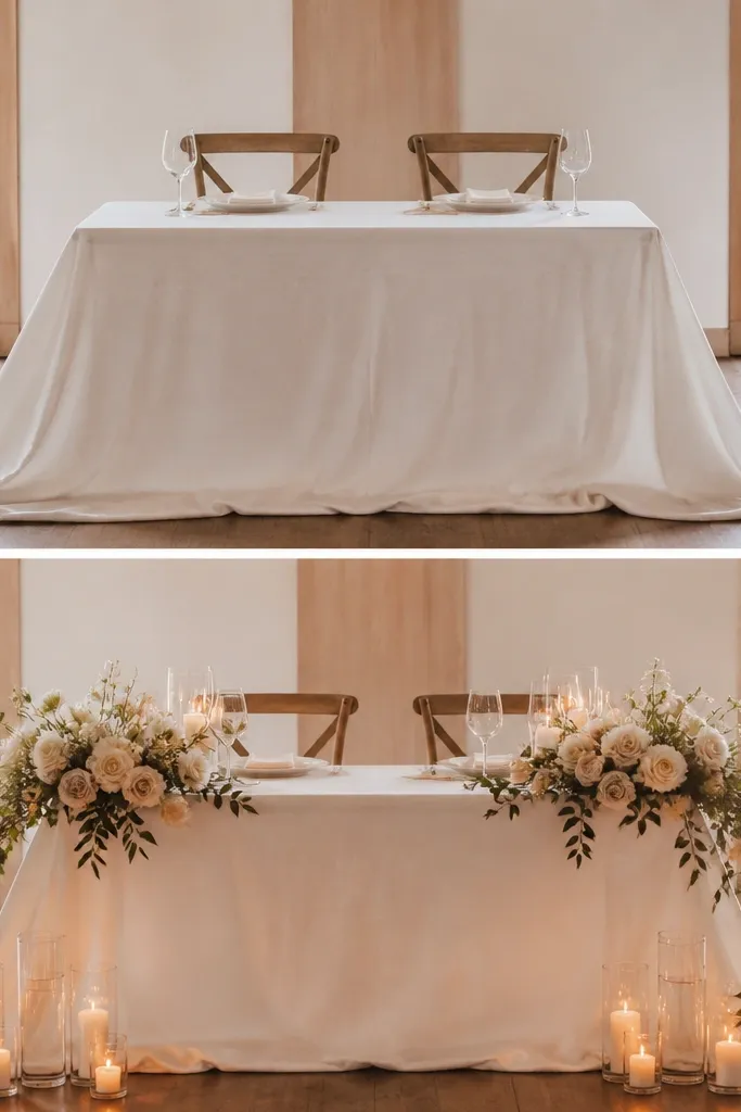 Sweetheart table setup before and after