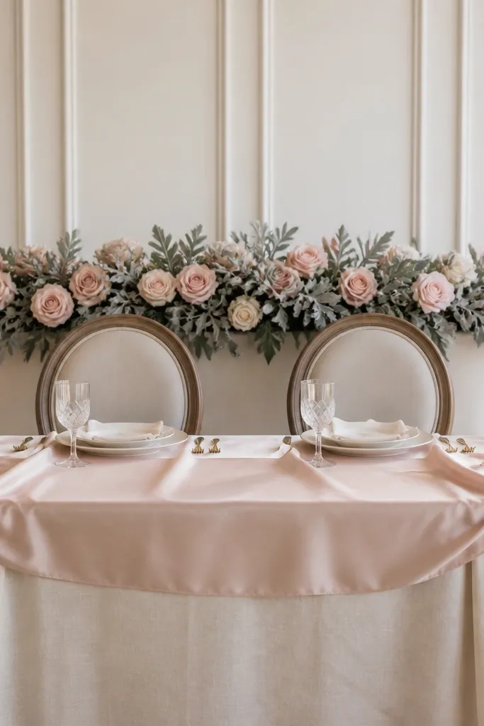 A sweetheart table set with a blush satin runner, cream linen underlay, and a low floral band of blush roses and dusty miller placed behind the center of the chairs at about chair-back height; tapered ivory candles sit on both sides in slim brass holders.