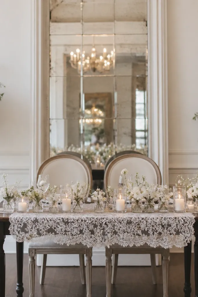 A sweetheart table with a white lace runner and a tall mirrored panel set behind the couple's chairs; soft candlelight reflects in the mirror, and small white flowers line the tabletop.