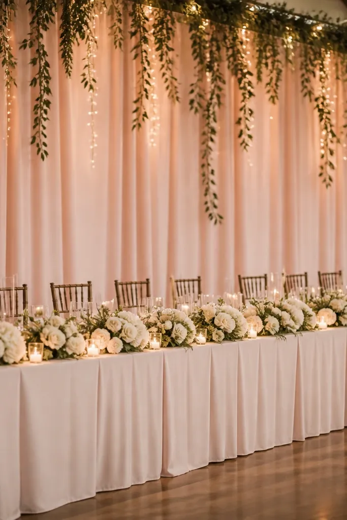 A long head table with blush fabric panels hanging behind it, warm white string lights threaded through greenery, and low white floral along the tabletop.