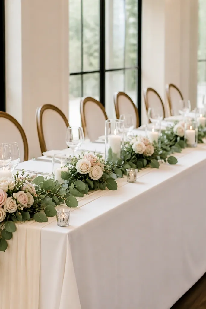 A head table with an ivory runner and a repeating strip of eucalyptus and small rose clusters every few feet; the couple's end has slightly denser flowers.