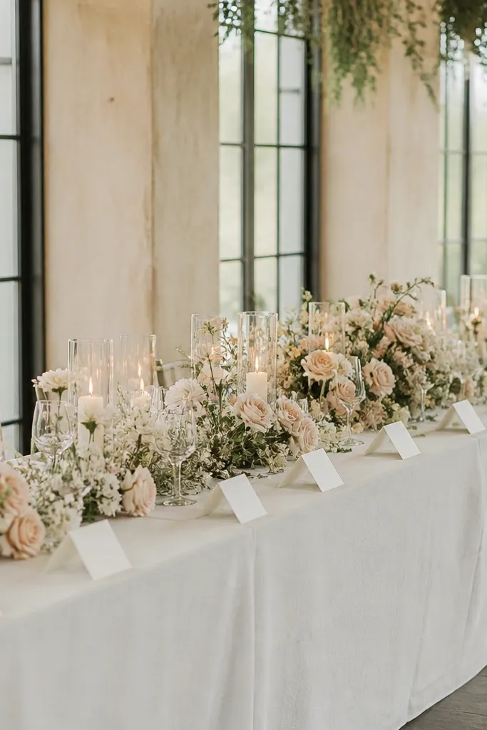A long head table with a low floral runner across the center and place cards aligned in a neat repeating angle; candles sit at even intervals and the couple's section has denser flowers.