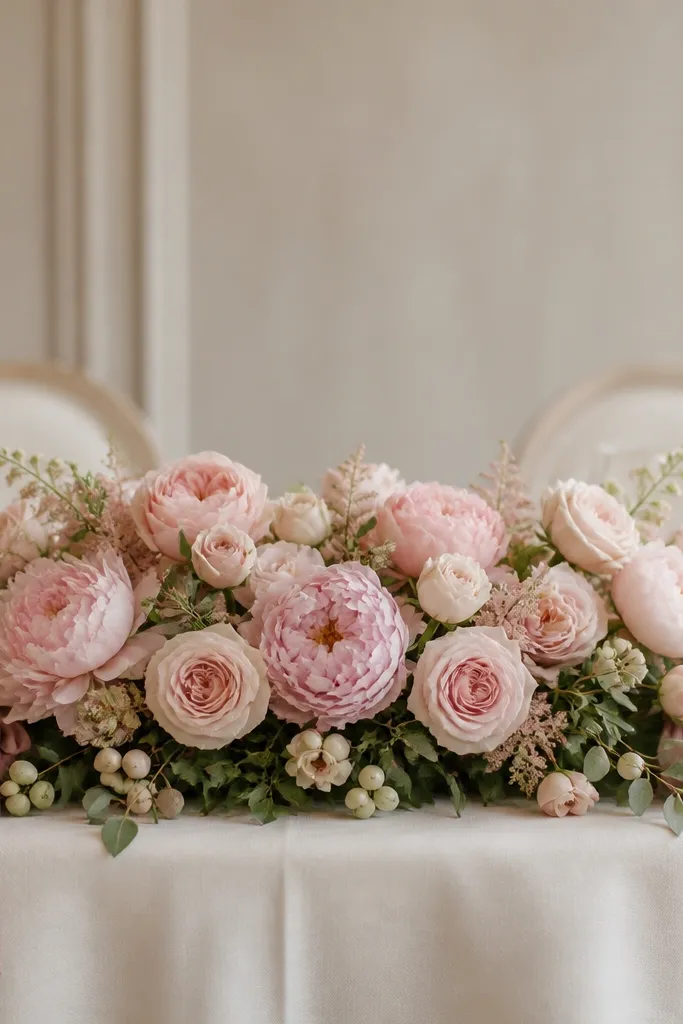 A low, wide sweetheart table centerpiece made of blush garden roses and peonies, with small creamy pearl-like buds scattered near the front edge. Soft dusty rose ribbons tie around greenery clusters at both corners.