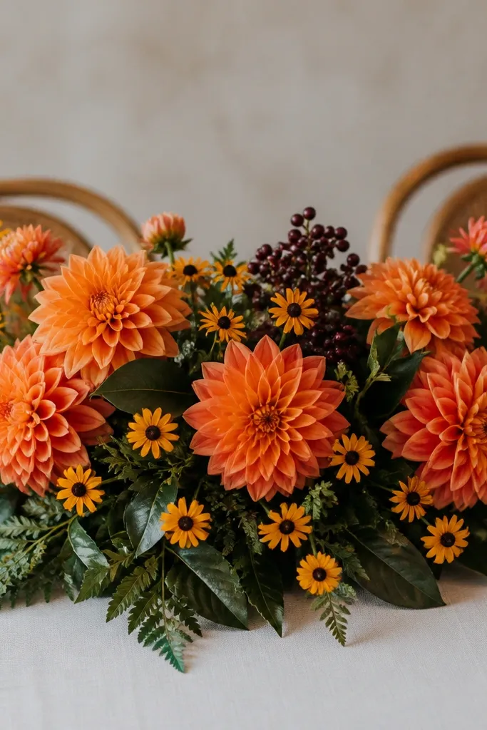 A low sweetheart table centerpiece with tangerine dahlias as the main blooms, surrounded by deep green foliage and small black-eyed Susan flowers forming a subtle border. A few dark maroon berries are tucked near the back.