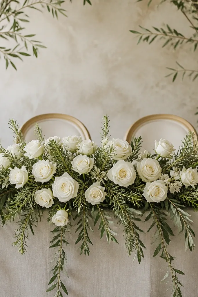 A sweetheart table arrangement with mostly white roses, lots of rosemary sprigs, and a gentle olive-leaf drape that falls slightly over the front edge. Olive branches frame the corners.