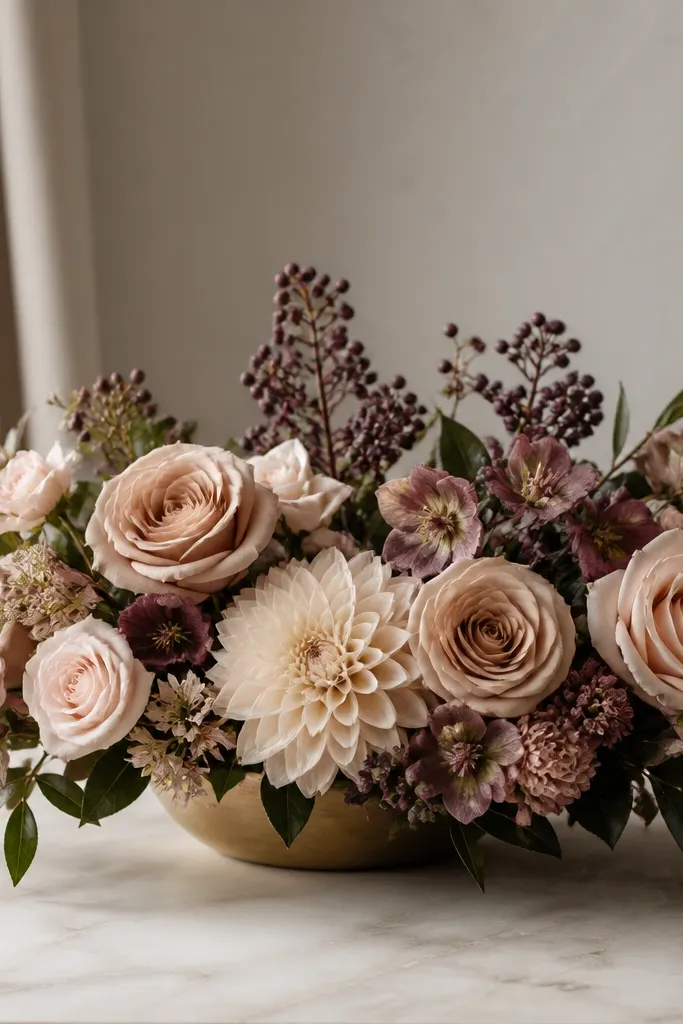 A low champagne rose arrangement with soft taupe and blush tones, interspersed with dusty plum berry clusters and dark green leaves. The berries appear mostly near the back half of the centerpiece.