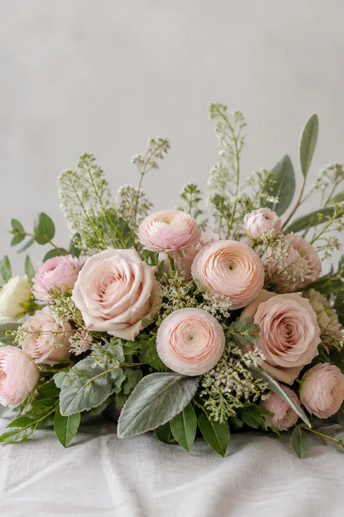 A low arrangement mixing blush roses and pale pink ranunculus with sage-green foliage. Small airy white flowers fill gaps, and sage leaves create a calm, natural gradient.