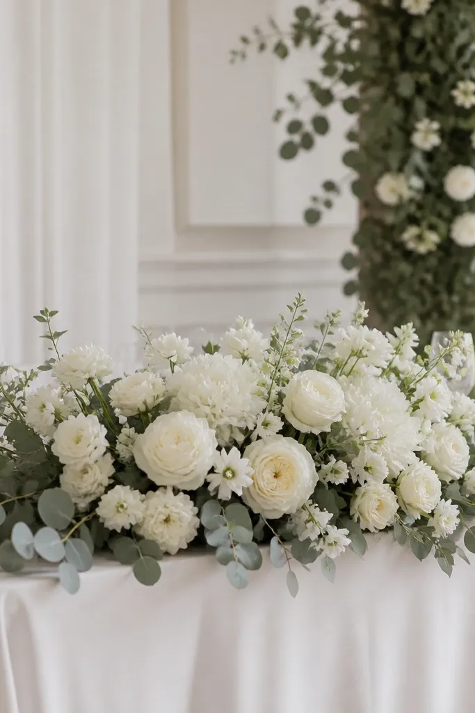 A full, low sweetheart table arrangement in all white, with garden roses and small white blooms, plus dusty green eucalyptus fanning out along the sides. The eucalyptus has soft silvery edges.