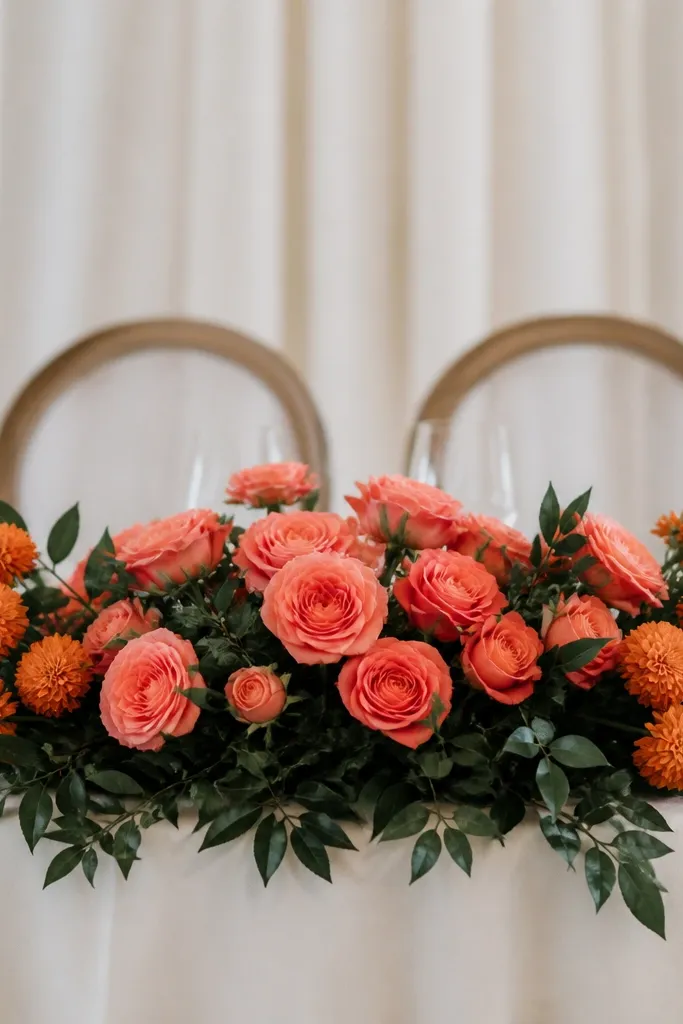 A low sweetheart table arrangement with coral roses, orange marigold-like blooms clustered at the sides, and dark green leaves that create contrast. The center looks rose-heavy with side blooms framing the couple.