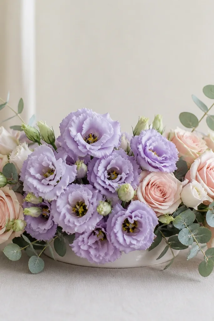 A low arrangement with lavender lisianthus blooms, blush roses, and sage eucalyptus leaves. The lavender clusters sit mostly in the center while blush roses frame the sides.