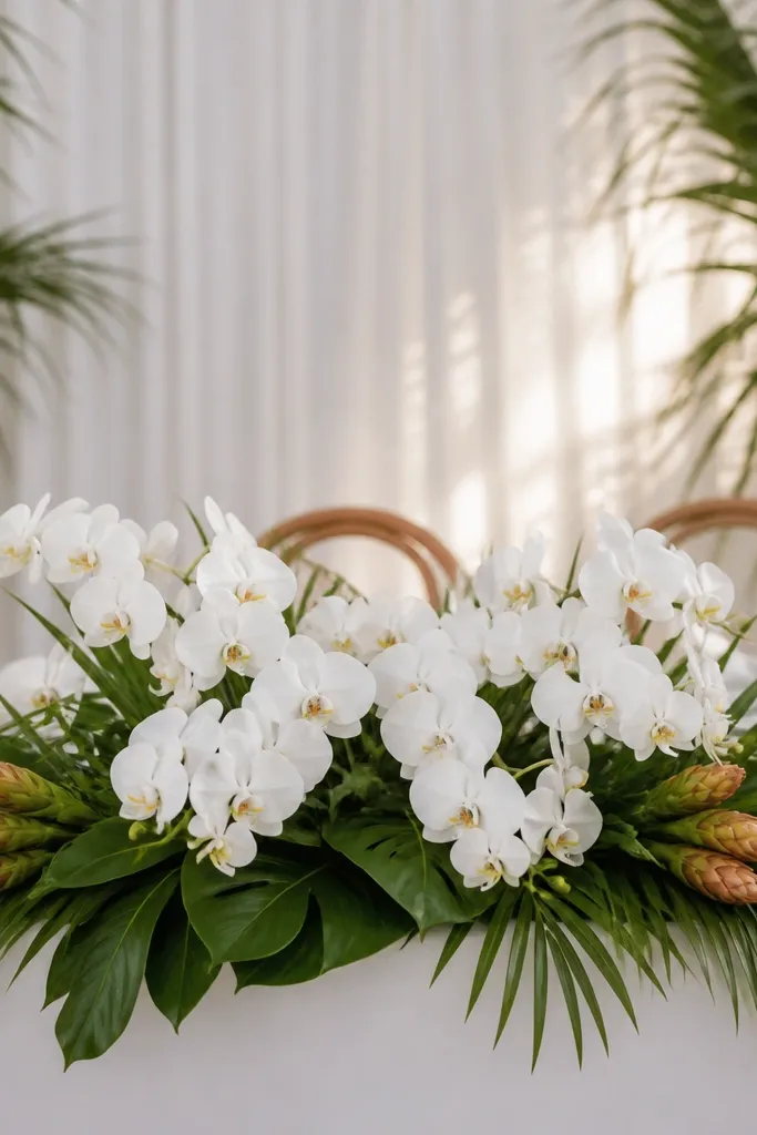 A sweetheart table arrangement with white orchids placed on a low base of palm fronds and glossy green leaves. A few ginger-like buds sit near the front corners, adding warm accents.