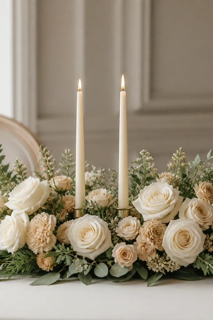 A low sweetheart table centerpiece arranged around two taper candles. Cream roses and small champagne-toned blooms form a halo-like ring, with greenery framing the candles and a tidy front edge.