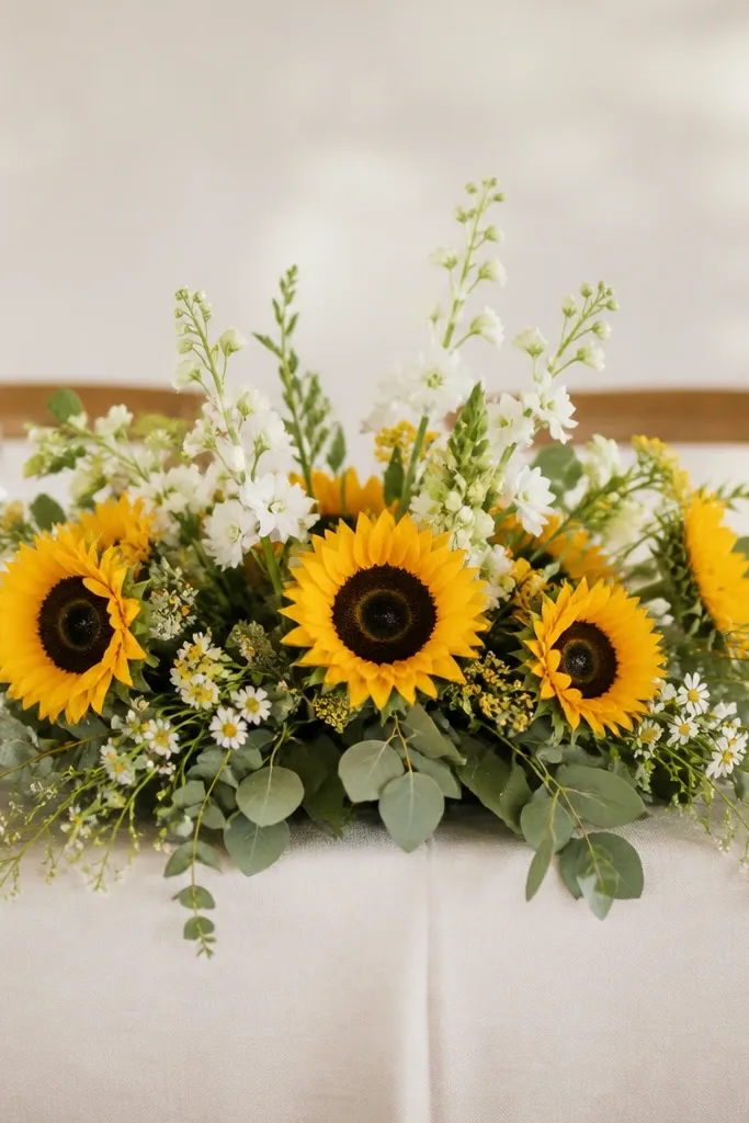 A low sweetheart table arrangement with sunflower heads as the main blooms, white stock blooms rising slightly, and sage-green foliage filling the base. Small wildflower-like sprigs sit near the edges.