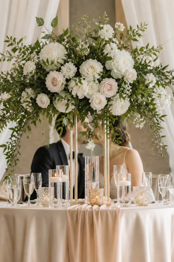 A sweetheart table setup where the floral centerpiece rises above seated head level; the couple's faces are partially hidden by tall white and blush arrangements with heavy greenery. The table has a satin-looking cloth and a long runner, and the backdrop is visible behind but the center dominates the frame.