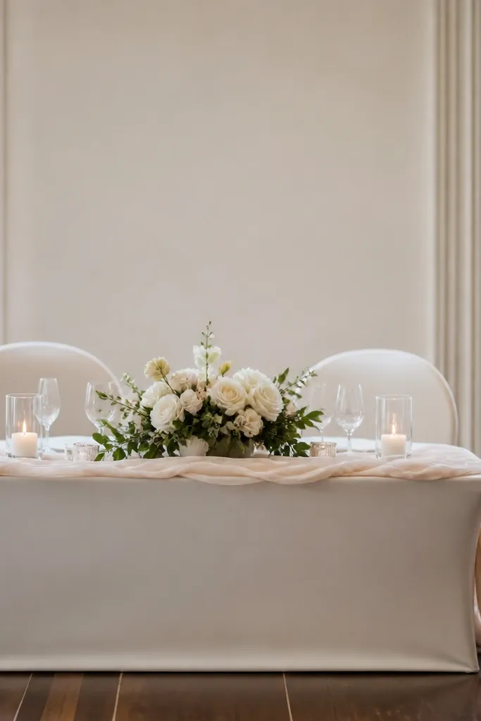 A sweetheart table with a glossy, stiff-looking tablecloth that sits tight over the front edge; the fabric shows a sharp crease line where it meets the floor. The runner is thin and slightly wrinkled, and the chair skirts look uneven in length.