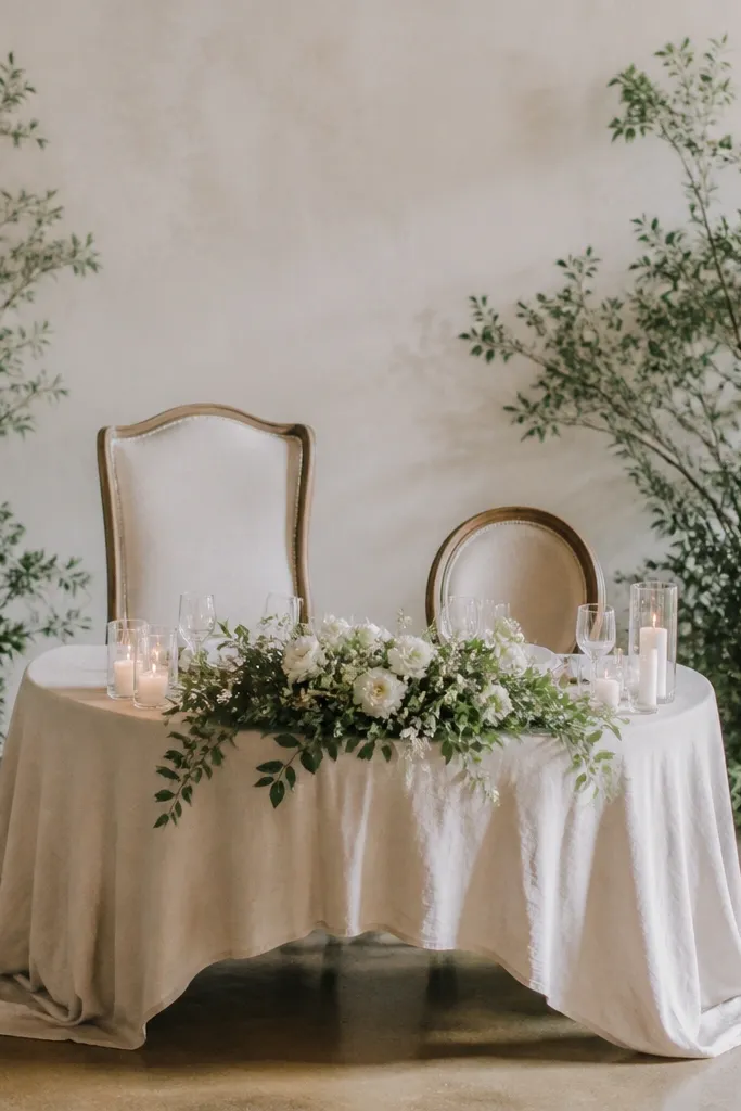 Two mismatched chair setups at a sweetheart table: one chair has a tall back and the other sits lower with a shorter back. The tablecloth hangs over the edge, creating uneven space between the chair tops and the backdrop.