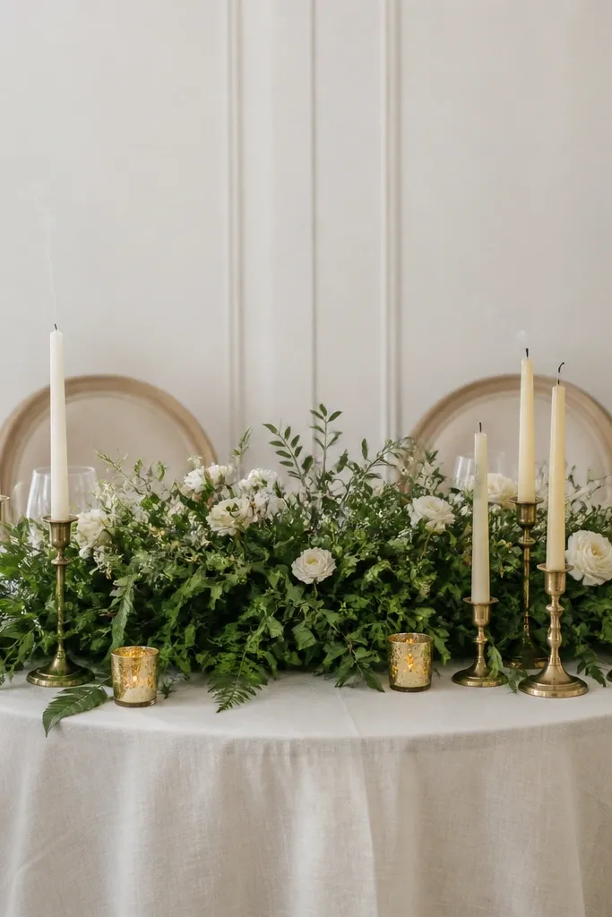A sweetheart table with taper candles in holders; some candles look uneven and have slight smoke marks. The center arrangement has greenery, and the candles sit too close to florals and the backdrop.