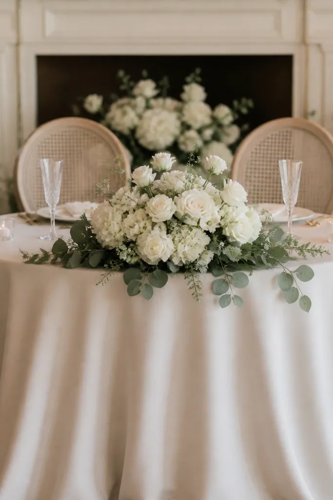 A sweetheart table with place cards and table-number signage on the front edge near the tabletop. In the image, the signage is partially blocked by the centerpiece and the front tablecloth fold, and guests in the back can't see it.