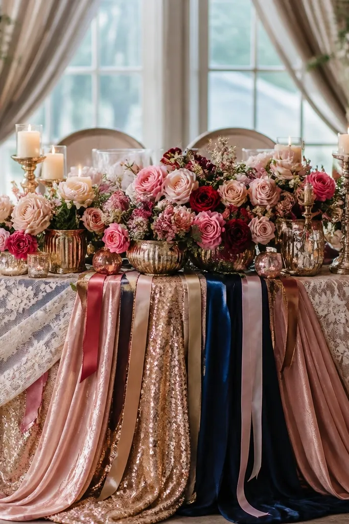 A sweetheart table with layered fabrics, a shiny runner, lace overlay, multiple ribbon colors, and flowers mixed with metallic accents. The centerpiece is crowded with different sizes and the table looks visually busy.