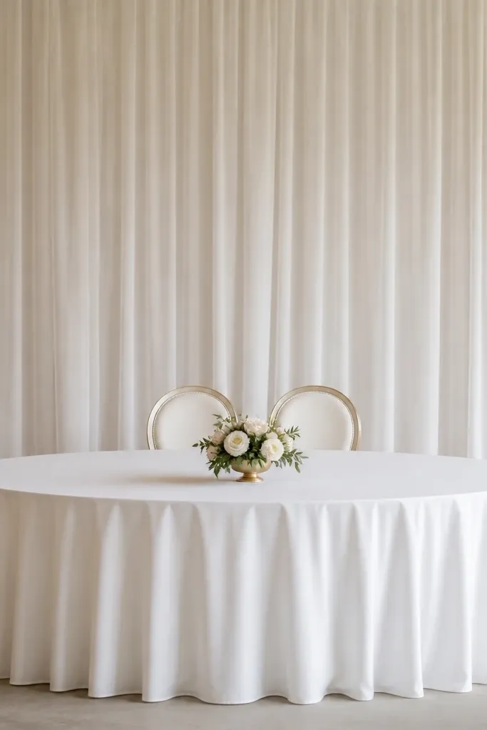 A sweetheart table with a small centerpiece placed in the center of a large table. The tablecloth drapes down, and the backdrop is tall, making the small centerpiece look lost. The chairs look properly styled, but the center looks empty.
