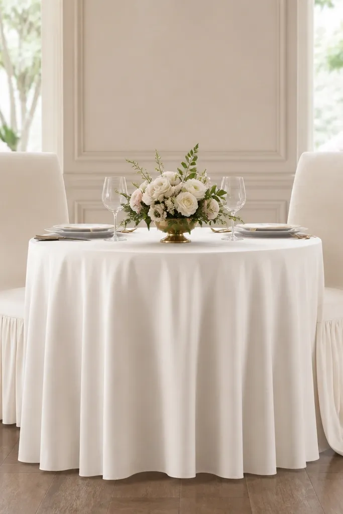 A sweetheart table with chairs draped in skirts, but one chair skirt is shorter and the other hangs longer. The tablecloth is centered and neat, yet the skirt differences create a noticeable step line in the photo.