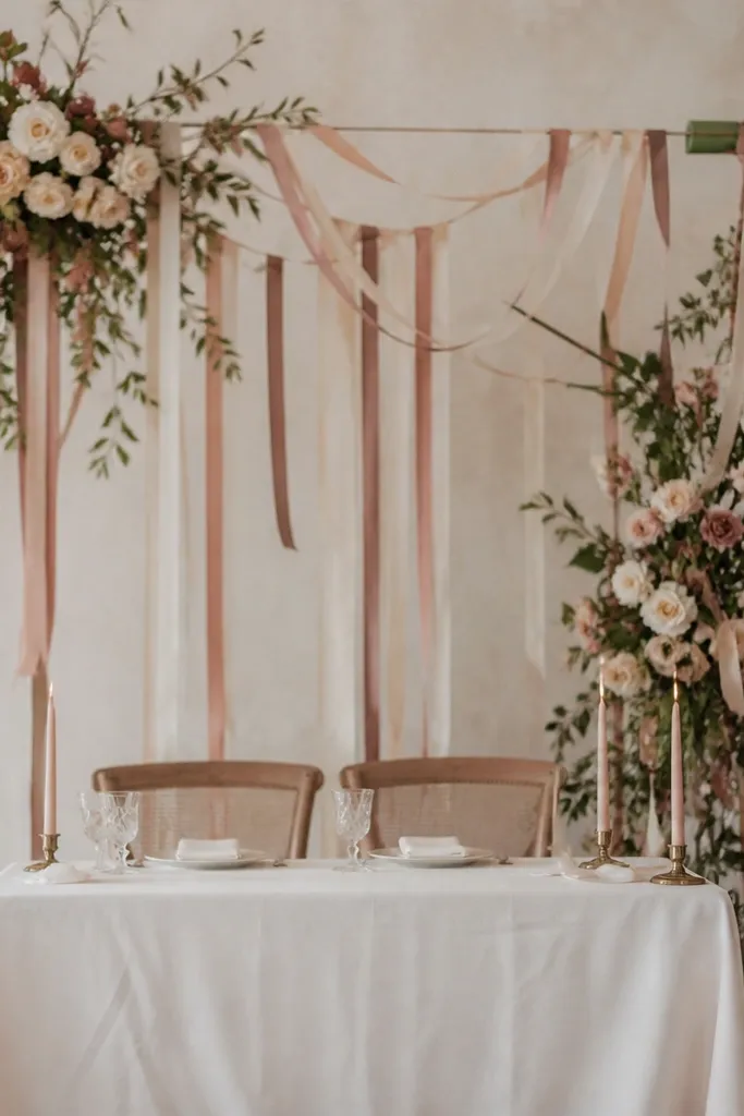 A sweetheart table with a ribbon backdrop and hanging fabric strips; several ribbons are tangled around a floral structure. The floral foam is visible near the attachment points, and the ribbon looks messy.