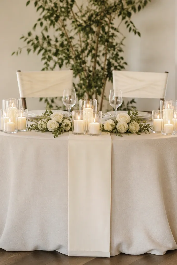 A sweetheart table with a cream linen base cloth, a narrow cream runner centered down the table, and three low candle clusters in clear glass holders. Soft ivory roses and small greenery sit between the candle groups, and the chair backs are wrapped with simple matching sashes.