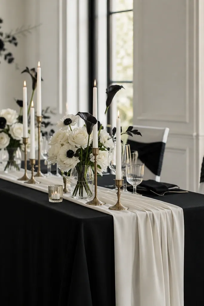 A black tablecloth anchors the sweetheart table, with an ivory runner and brass candle trays holding tall taper candles. Black-and-white florals sit in small vases, and the chair backs have black satin sashes.