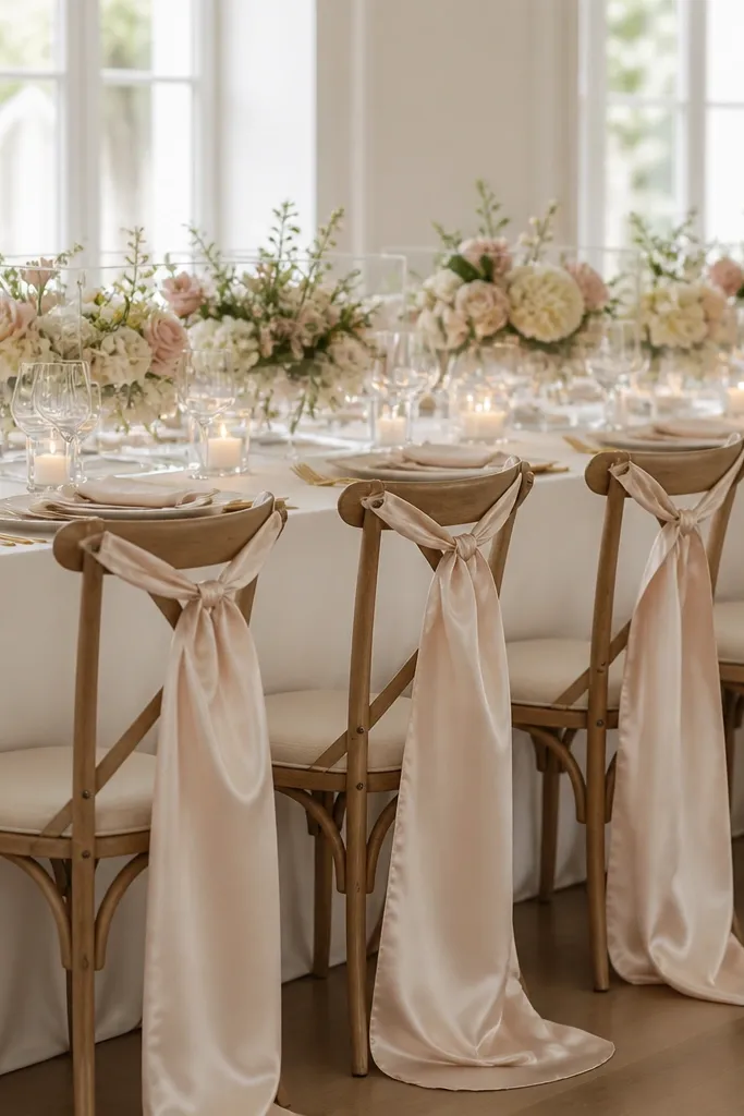 Champagne satin sashes tie at the top of each chair back with long tails. On the table, florals look like they float in clear acrylic boxes, with small candles set around them.