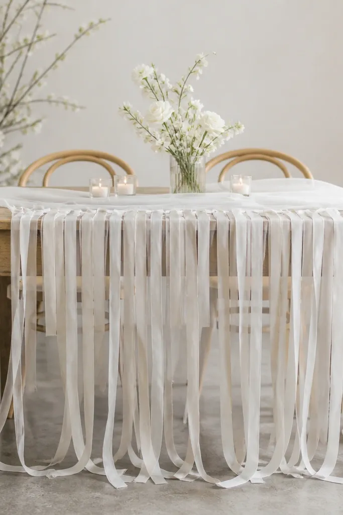 A sheer white cloth runner is laid across the table, with cascading silk ribbon strands hanging down from the back edge. The centerpiece is minimal: a few white blooms in a single vase and small tea lights.