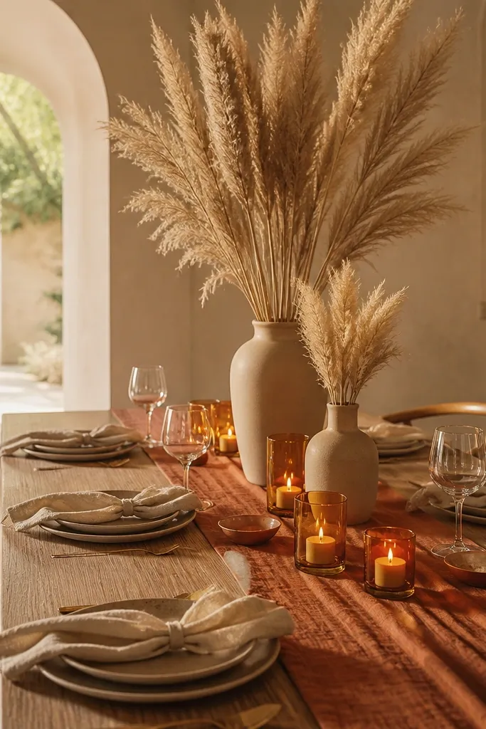 A warm terracotta runner runs down the center of the table. Tall dried pampas grass sits in matte ceramic vases, with small amber candles scattered around for a sunset-toned glow.