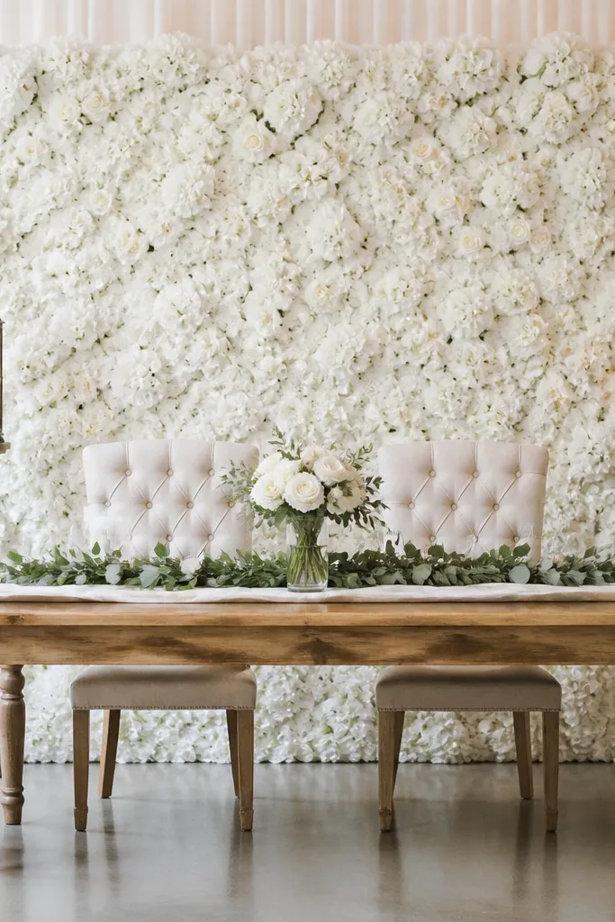 A white flower wall panel stretches behind the sweetheart table. Two lanterns on stands sit on either side of the center, and the table has a simple white runner with low greenery and one vase.