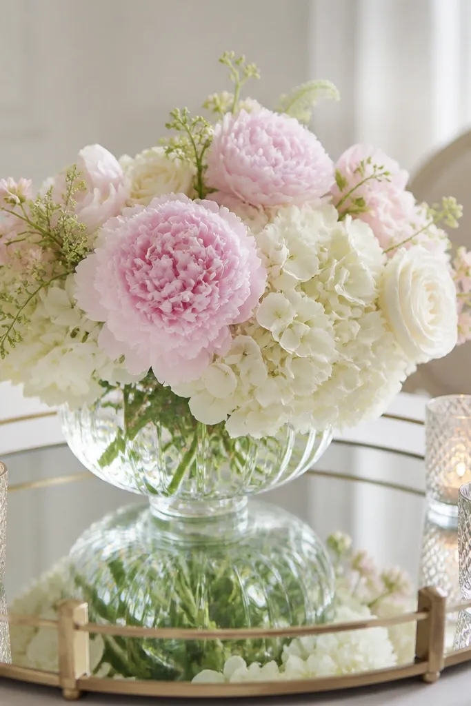 A mirrored tray sits on the table with one large glass bowl filled with white and pale pink flowers. The reflection doubles the blooms, and small glass votives sit at the edges.