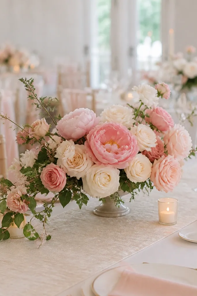 A cluster of peonies and garden roses sits in a low vase near the center, but the greenery and blooms extend more on one side. The runner is ivory, and the chair sashes are soft blush.