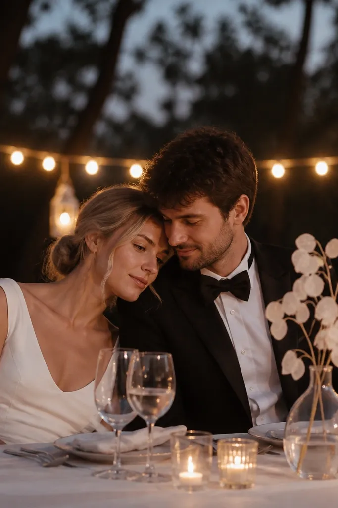 Warm string lights run behind the couple like a soft halo, with small lanterns spaced along the line. The table holds a clear ghost vase with white stems and a few low candles.