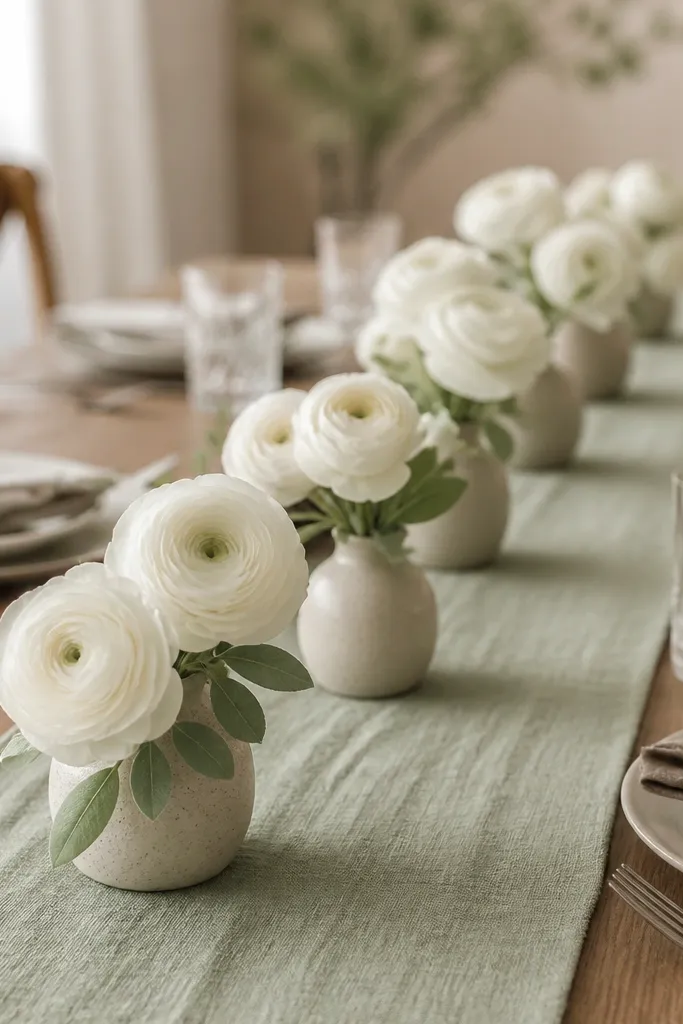 A sage green runner runs down the center. A row of small bud vases holds white ranunculus blooms, with a few sage-green leaves tucked around the bases.