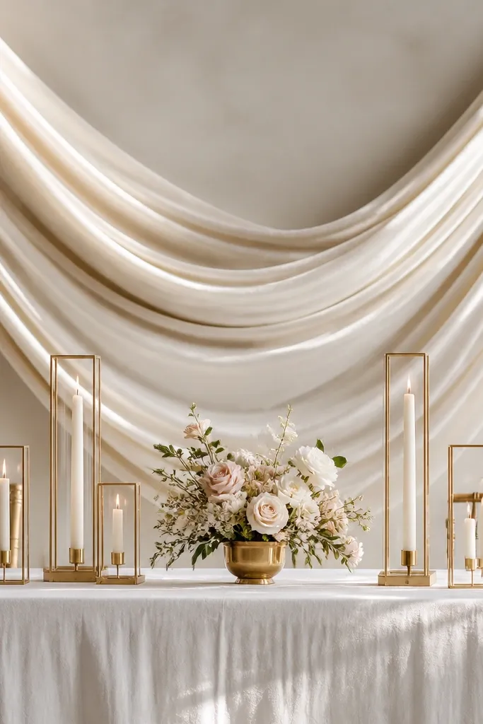 Behind the table is an ivory velvet swag draped in a soft U-shape. On the table are gold framed candle holders with cream taper candles, and the centerpiece is a small bouquet in a gold vase.