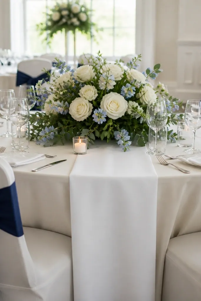 A white table runner sits on an ivory base. The centerpiece uses white roses with small butterfly-blue accents in the greenery, and navy ribbon wraps chair backs with neat bows.