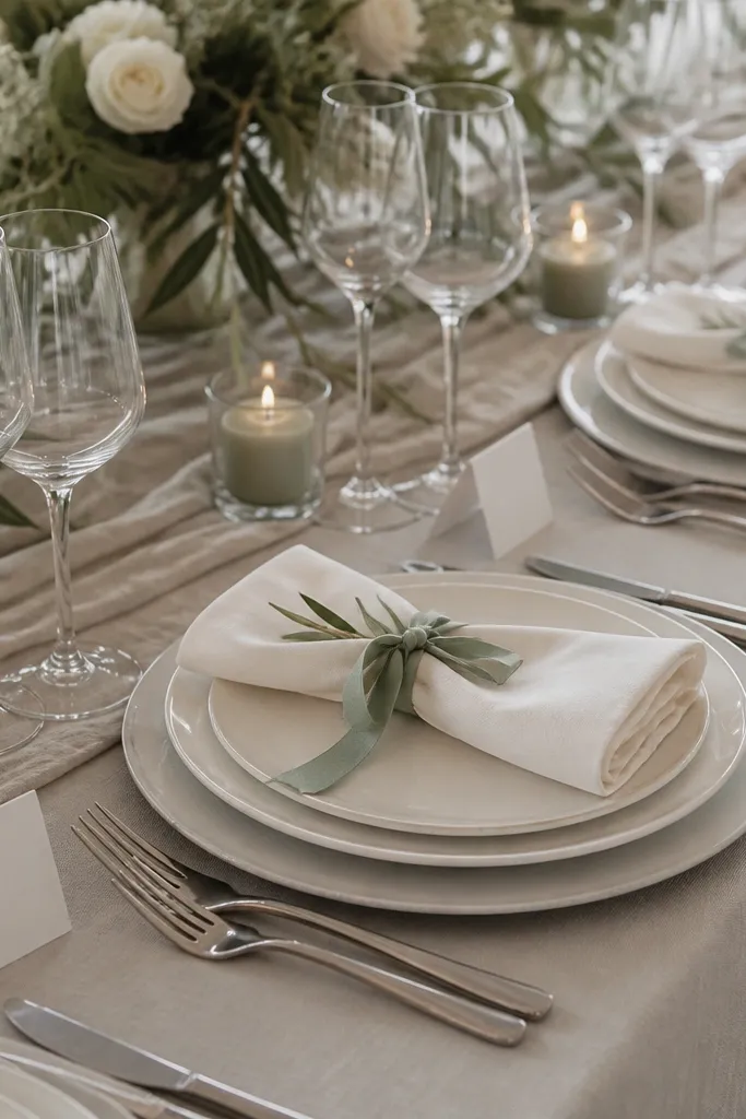 A wedding table setting with ivory dinner plates on light chargers, a folded ivory linen napkin tied with a sage ribbon at the center, and small sage-tinted candles in clear glass holders. A simple white place card sits in front of each plate, and the runner is a soft, neutral fabric.